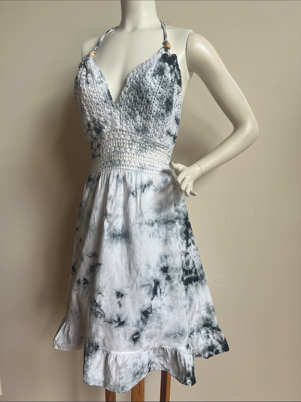 Smocked Halter Tie-Dye Mini Dress in White and Gray black tie dye boho vibe